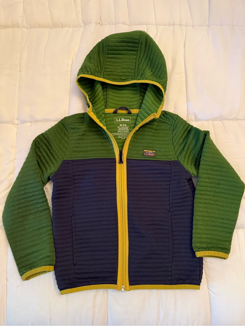 L.L. Bean Green & Navy Hooded Quilted Zip Jacket with Yellow Trim